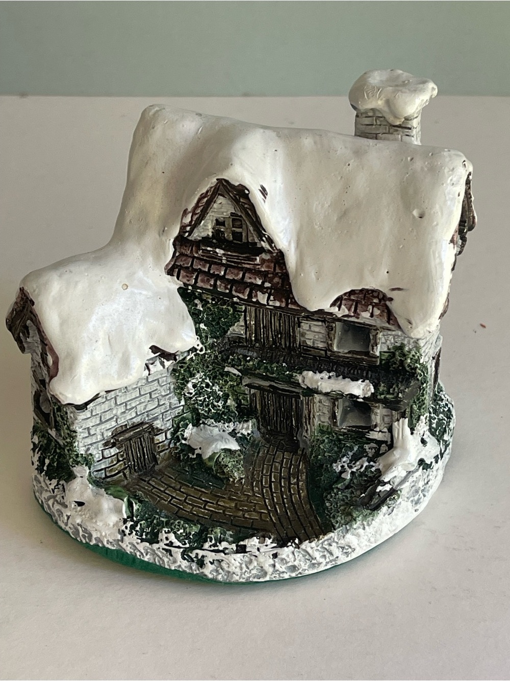Winter Cottage Home Art Sculpture - White and Green